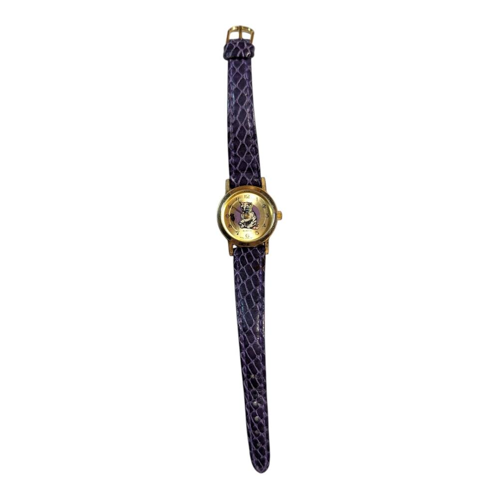 Vtg 1990s Purple Textured Leather Band Cat Mouse Gold Face Novelty Watch